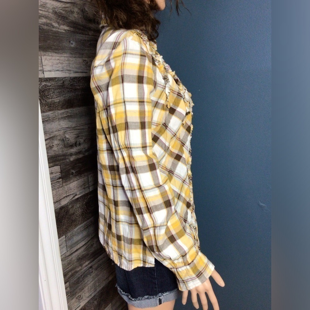 Yellow Plaid Button-Up Women's Top Large (0116) - Picture 3 of 9